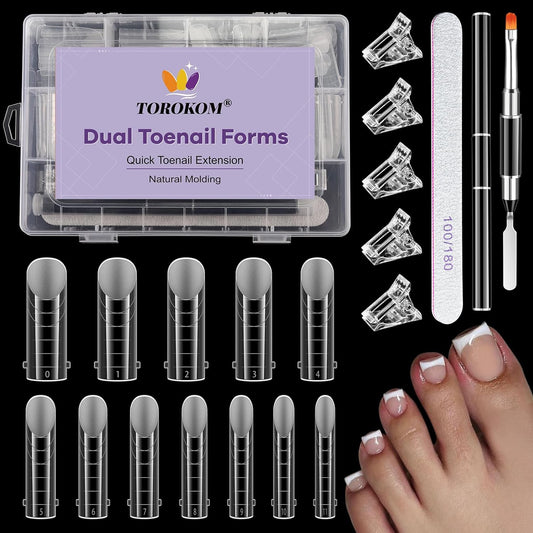 TOROKOM Poly Gel Toe Nail Form Set, Reusable Toenails Dual Forms for Nail Extensions, Poly Gel Toe Nail Tips with Dual-Ended Brush and Nail File, 5PCS Clips - 12 Sizes 120PCS