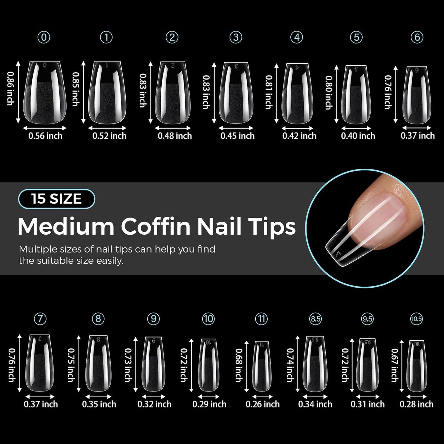TOMICCA Medium Coffin Nail Tips Acrylic Nails 240Pcs Acrylic Nail Kit 15 Sizes Clear Nails Pre-shaped Gel Nail Tips for Nail Extensions Home DIY Salon