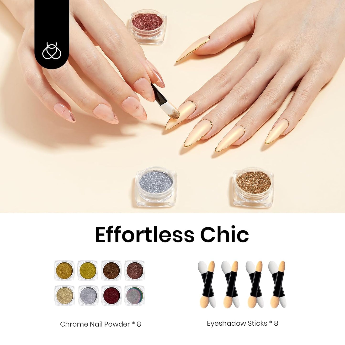 Beetles Gold Chrome Nail Powder Set - 8 Colors Sliver Holographic Mirror Effect Iridescent Golden Red Brown Glitter Metallic Nail Polish Chrome for Nail Art Design