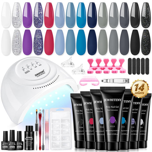 JEWHITENY 14 Colors Poly Nail Gel Kit - All-in-one Kit with Nail Lamp, Builder Gel, Matte & Glossy Top Coat