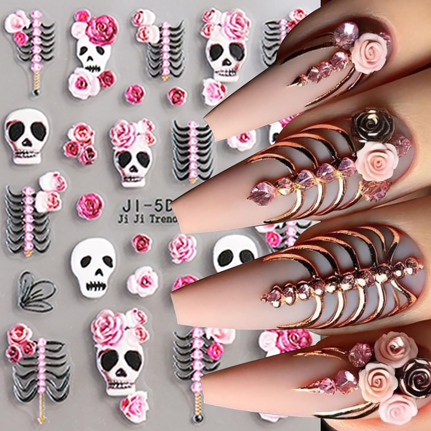 Spooky Nail Stickers Halloween Nail Decals Skull Rose Skeleton Hand Design 5D Embossed Holiday Nails Slider Manicure Accessories Supply Halloween Stickers for Women DIY Nail Decorations Nail Art 2PCS