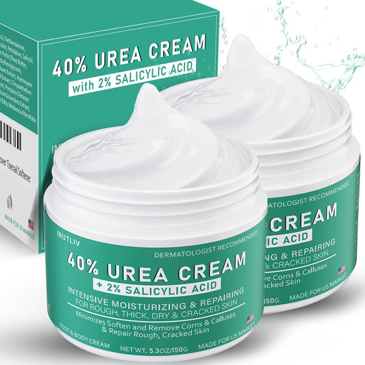 Urea Cream 40 Percent For Feet Maximum Strength - plus Salicylic Acid 2% Foot Cream For Dry Cracked Heels Feet Knees - Dead Skin Cuticle Callus Remover Toenail Softener - Pack of 2