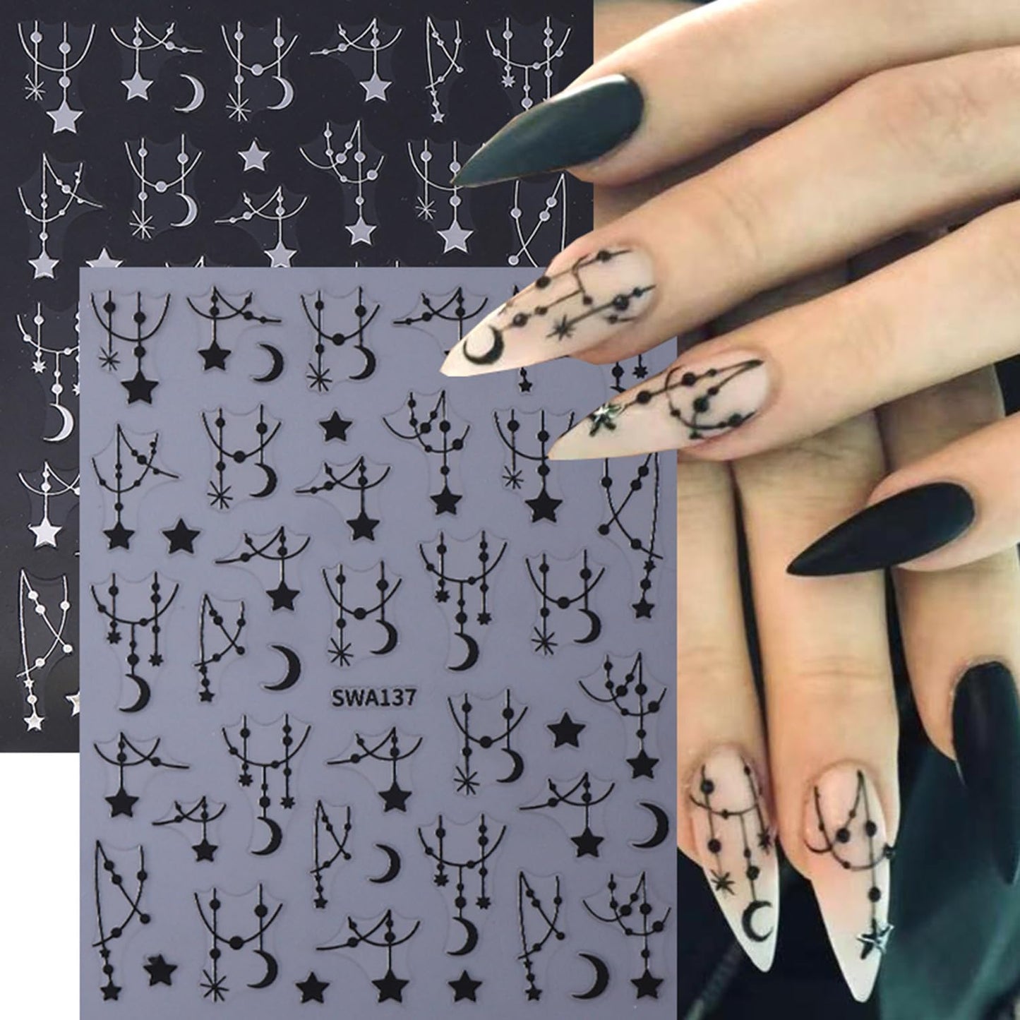 7 Sheets Star Lines Nail Art Stickers Decals Gold Silver Black White Nails Stickers for Nail Art Self-Adhesive Moon Nail Decals