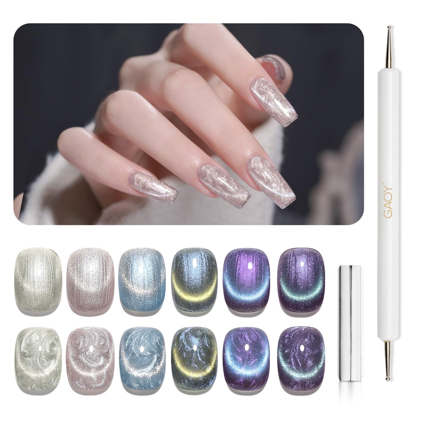 GAOY Pearl Glitter Cat Eye Gel Nail Polish Set, 6 Colors Shimmer Mermaid White Blue Iridescent Soak Off UV Light Cure Gel Polish Kit for Salon and Nail Art DIY at Home