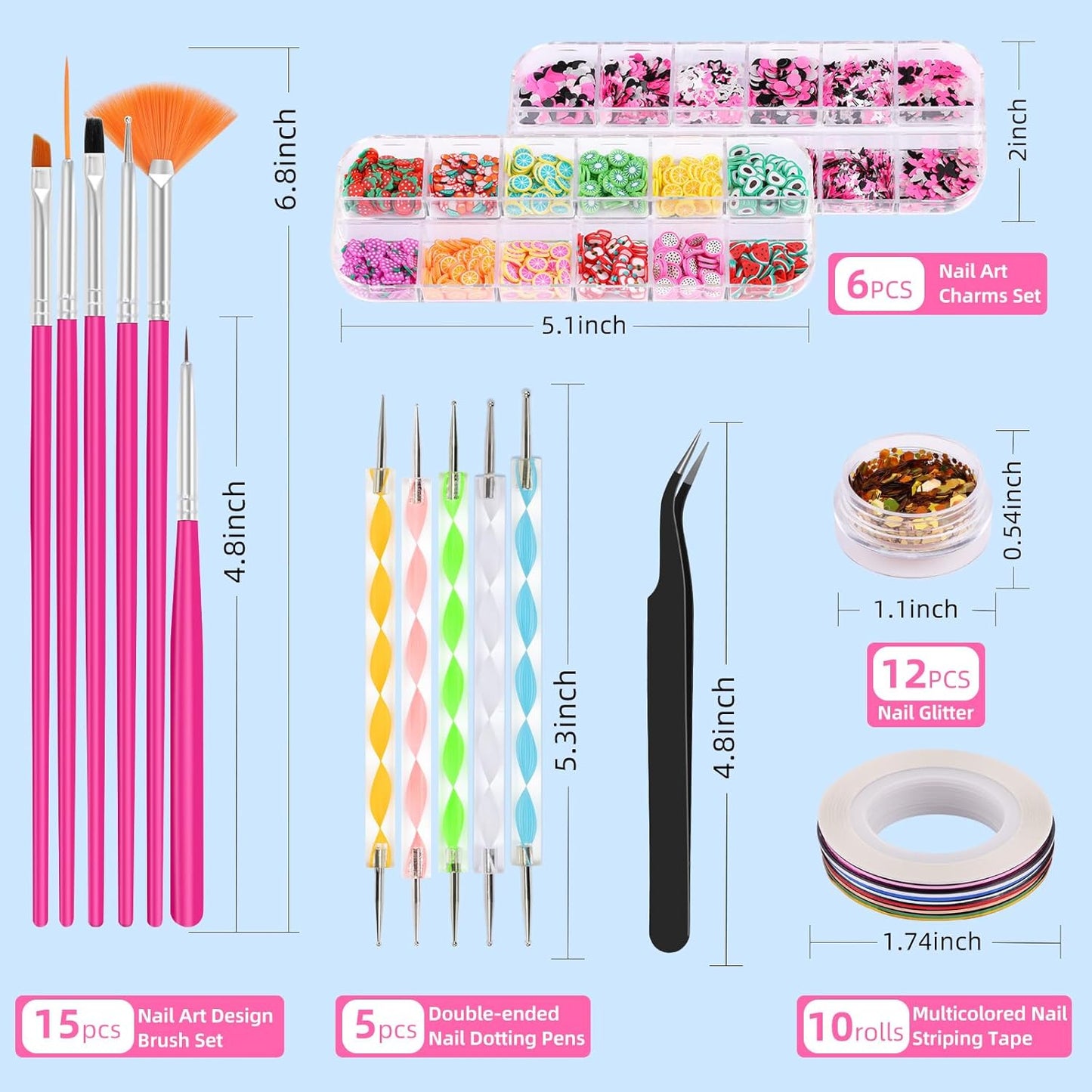 Nail Art Kit for Beginners with Nail Brushes Set and Dotting Tools, Jumbo Holographic Glitter Sequins Mixed Flower Heart Glitter Flake Colorful Striping Tape Fruit Slices with Tweezers (01-Rose)