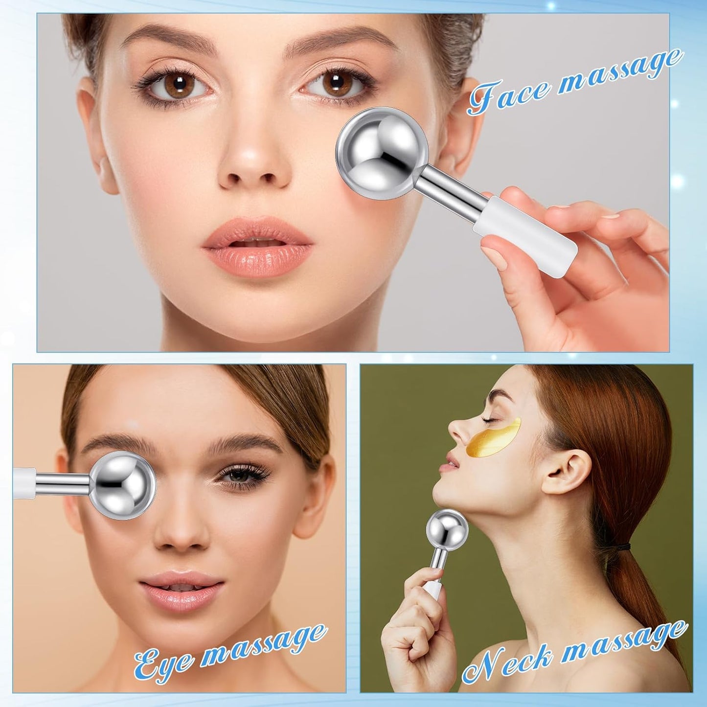 Baderke 2 Pcs Ice Globes for Face Stainless Steel Cooling Globes Unbreakable Cooling Roller Women Ice Balls Cryo Sticks Face Skin Care for Dark Circles, Puffiness(Silver (white Handle))