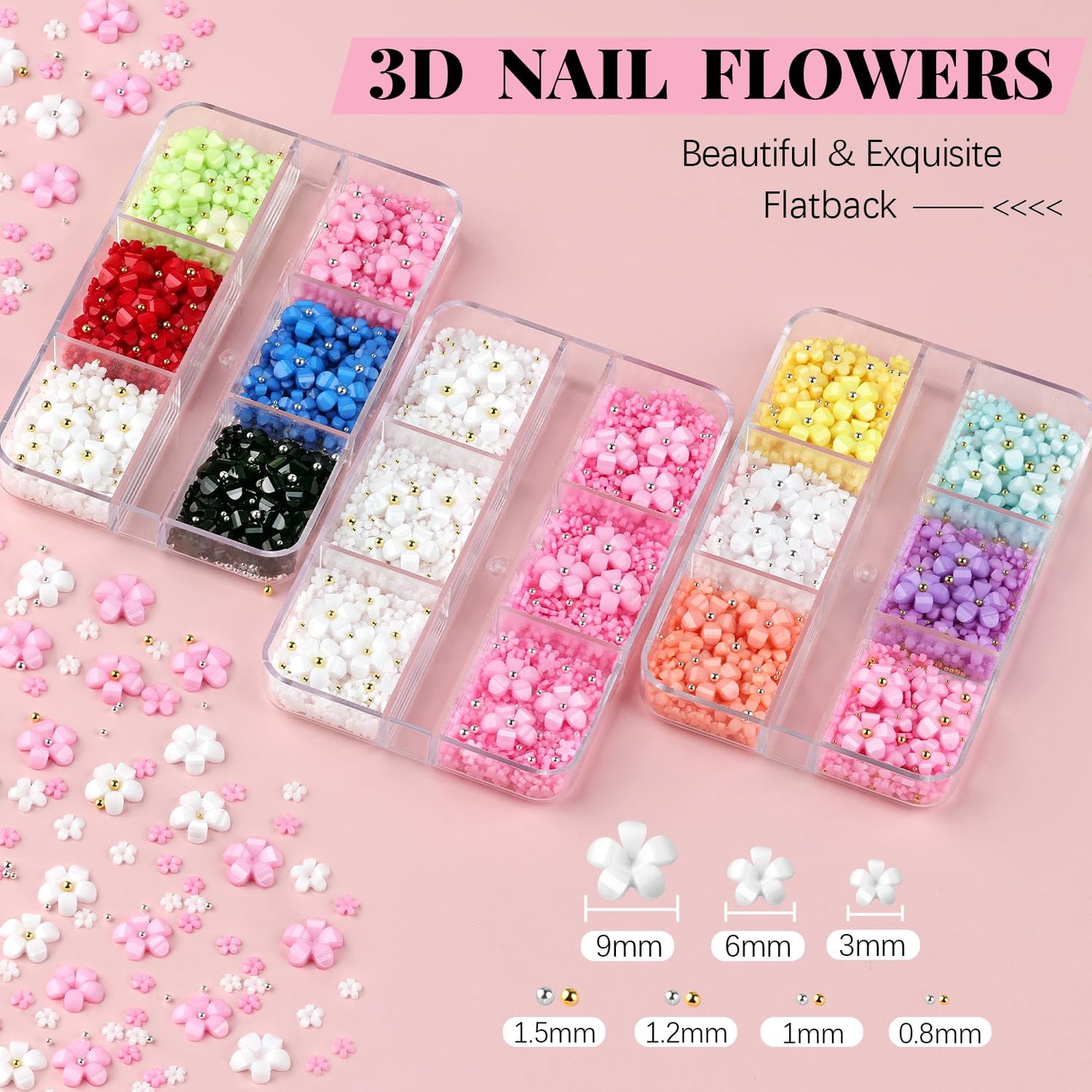 3D Flowers for Nails, Cute Flower Nail Charms, Manicure Kit with Nail Rhinestone Glue Gel, Colorful Acrylic Petal with Caviar Beads, Rhinestones for Nails & Gem Gluewith Dotting & Pickup Tools