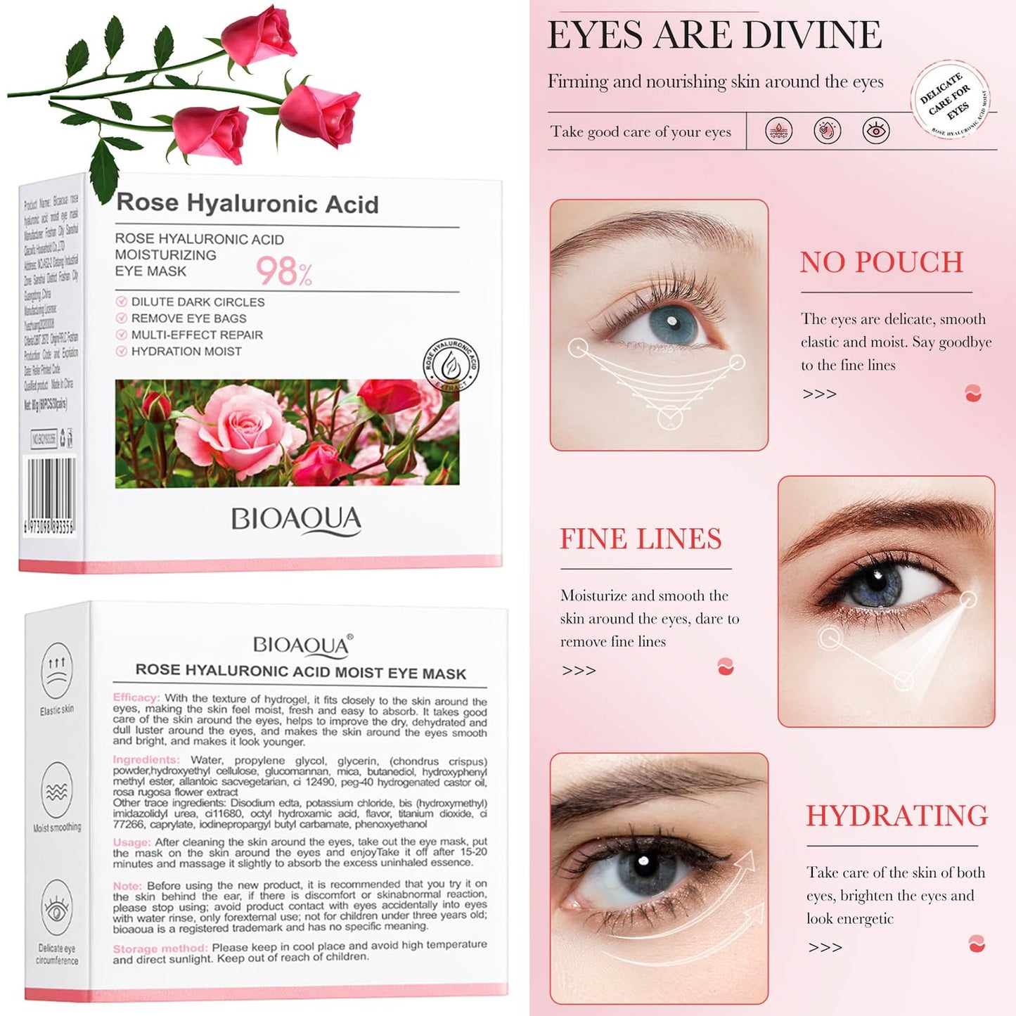 BIOAQUA Rose Hyaluronic Acid Moisturizing Eye Mask Dark Circles Removes Eye Bags Hydration Skin 80g (60pcs/30pairs)