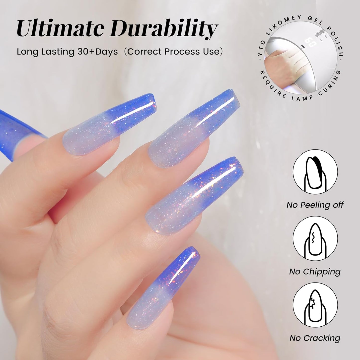 YTD Likomey Brocade Glitter Color Changing Gel Nail Polish,15ml Light Blue To Blue Shimmer Mood Temperature Change Colors Iridescent Flakes,Fall Winter Thermal Ombre UV Nail Gel,WB354