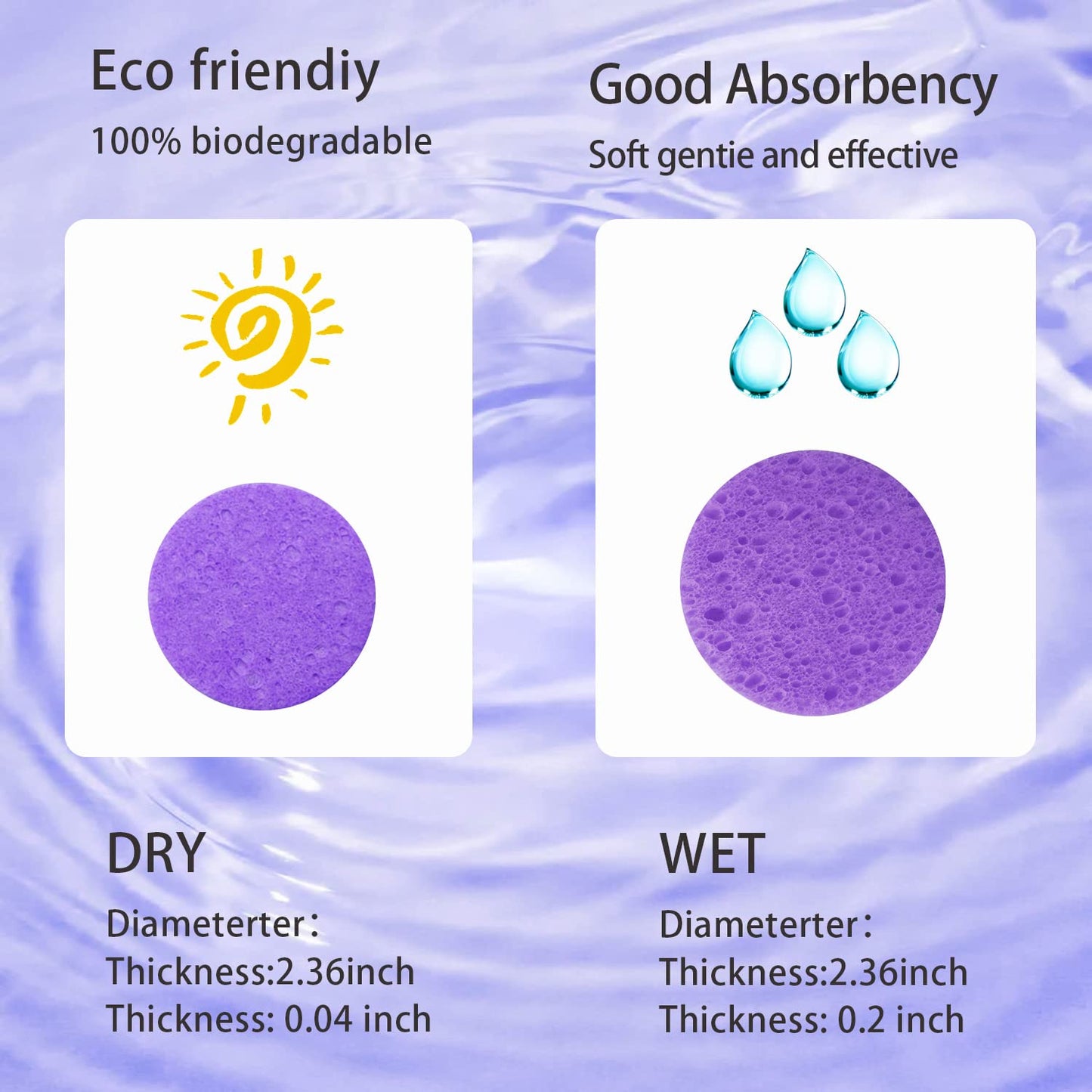 50-Count Facial Sponges Compressed Natural Cellulose Sponge Round Shape Face Sponge for Face Cleansing Exfoliating and Makeup Removal, Purple