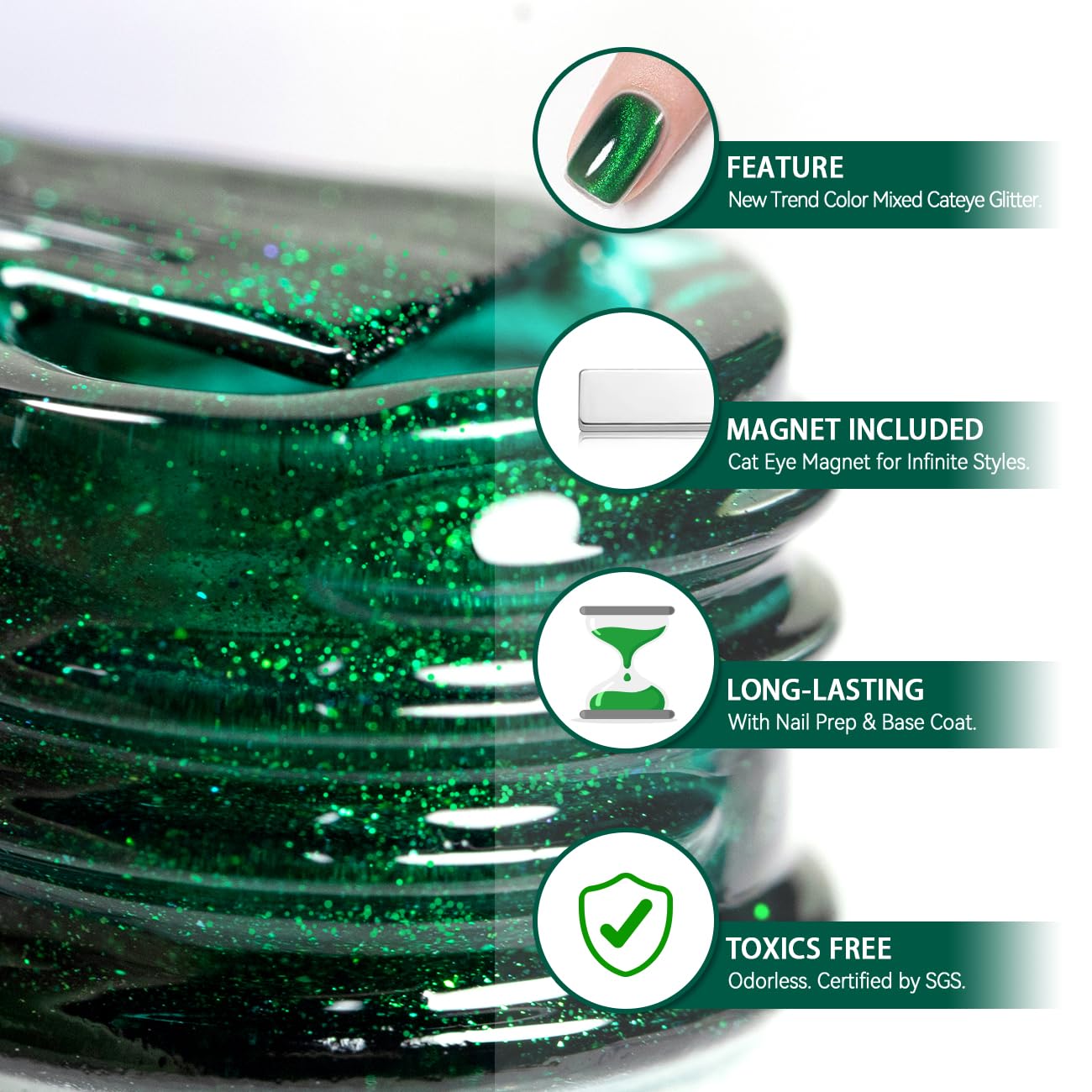 RARJSM Green Cat Eye Gel Nail Polish with Magnet Stick Diamond Emerald Green Velvet Cateye Gel Polish 15ml Single Bottle Sparkle Shimmer UV LED Curing Requires Soak Off Home Salon Christmas Manicure