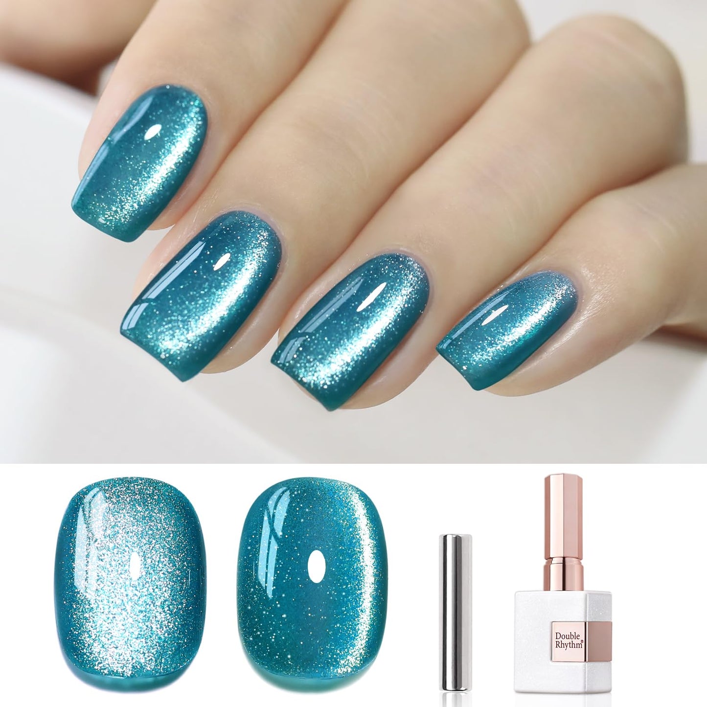 Double Rhythm 0.5 OZ Cat Eye Gel Polish with Magnet 15ML Holographic Glitter Shimmer Translucent Jelly Color Magnetic Polish Salon DIY at Home (Teal-MC1071)