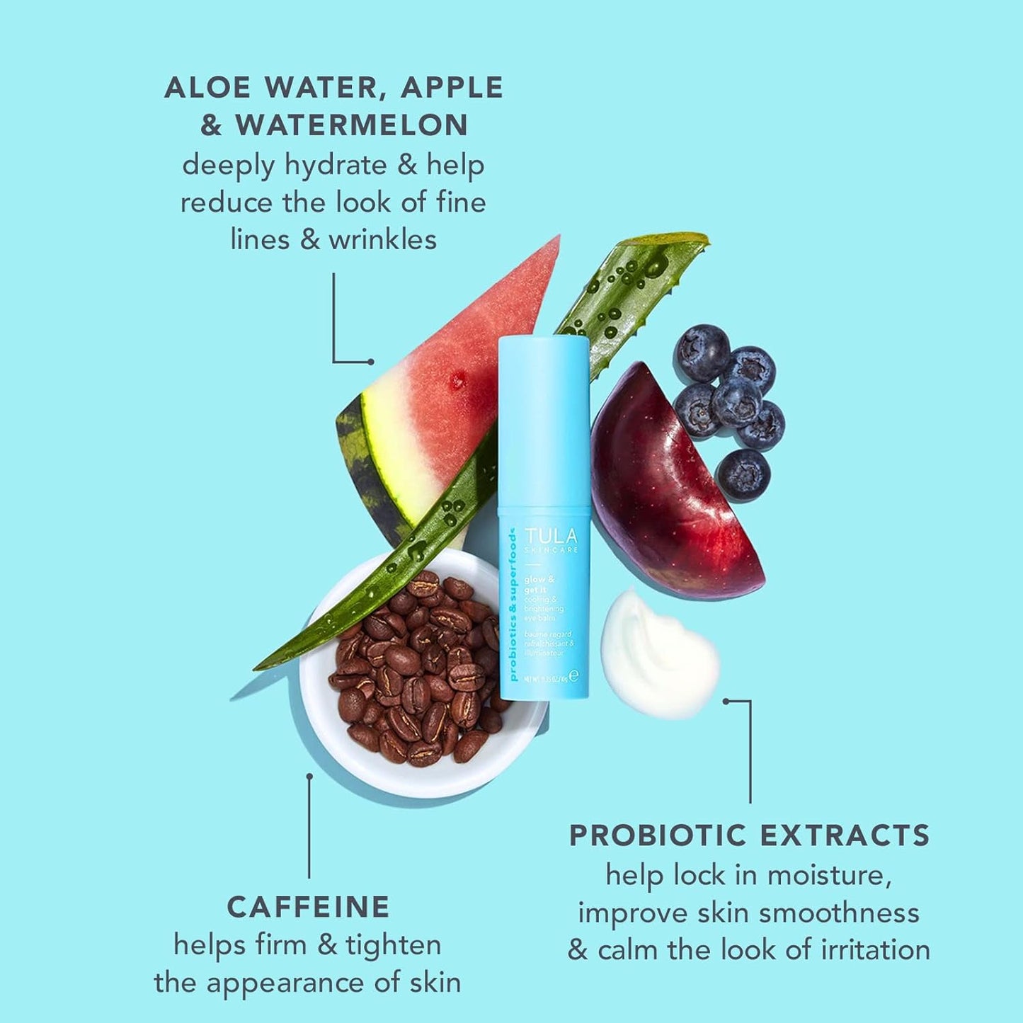 TULA Skin Care Eye Balm Glow & Get It + 24-7 Hydrating Day Night Cream & Purifying Cleanser Dual Packette - Dark Circle Treatment, Instantly Hydrate and Brighten Undereye Area, 0.35 oz.