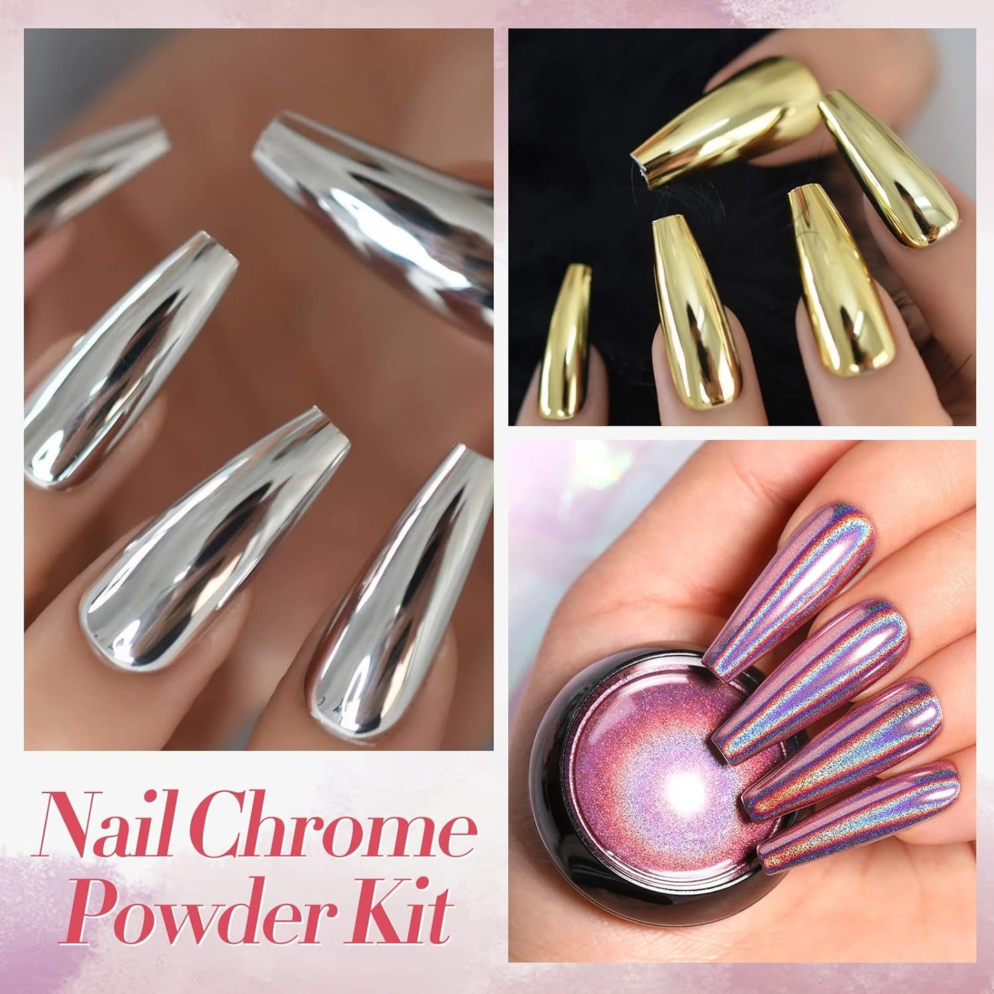 Born Pretty Chrome Nail Powder Metallic Mirror Powder Holographic Pigment Powder Manicure Nail Art Decoration Sets Silver Gold Pink Rose Gold 4 Boxes
