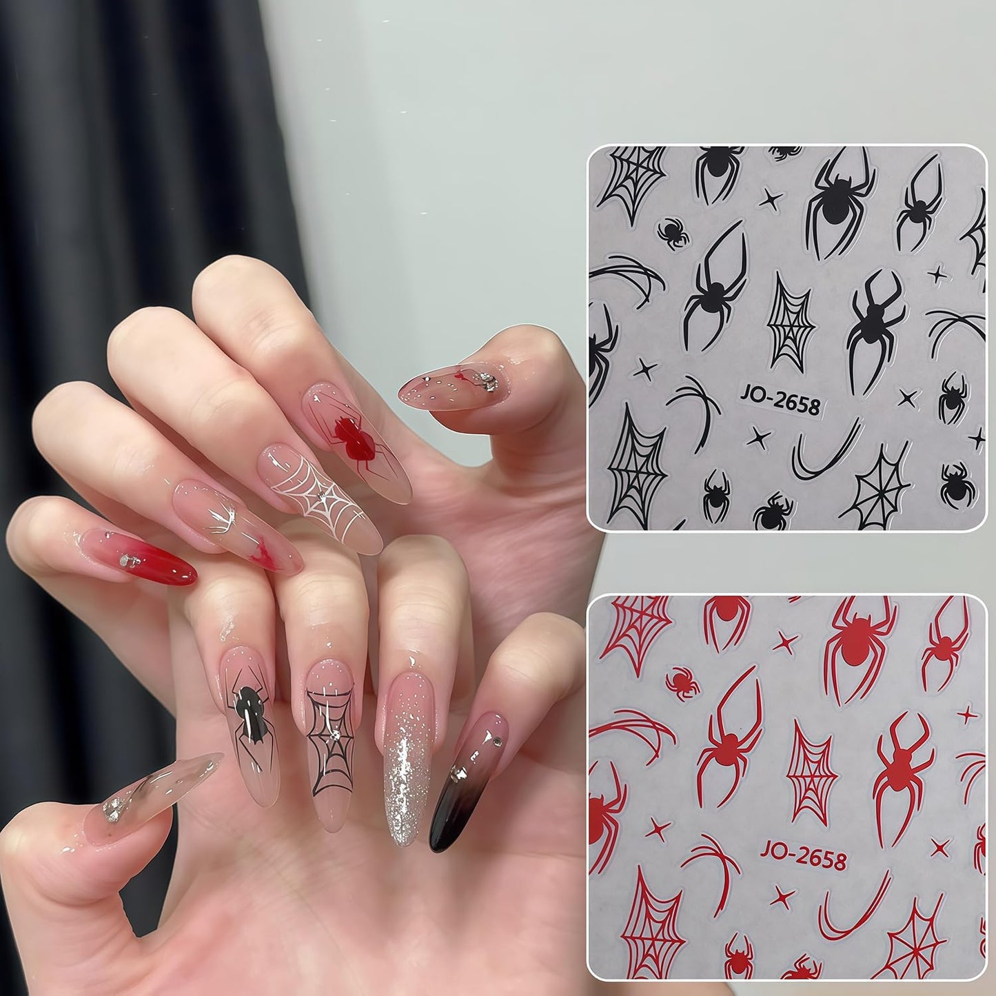 Spider Nail Art Stickers 3D Self-Adhesive Black White Red Silver Spiders Spider Web Star Nail Design Decals Halloween Nail Stickers DIY Holiday Manicure Decoration for Salon Acrylic Manicure 6 Sheets