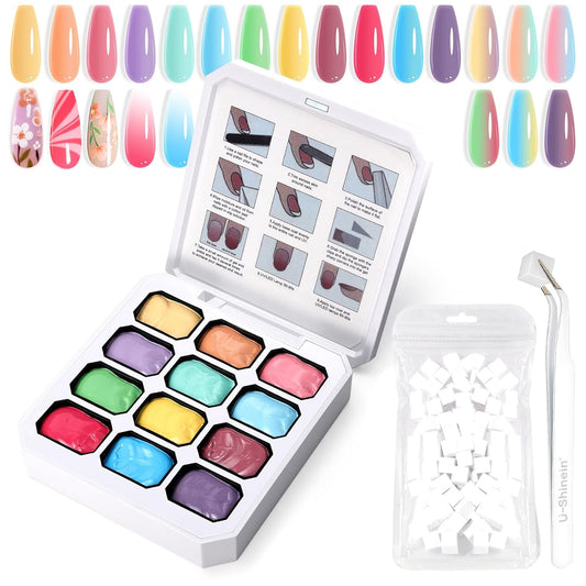 Gradient Painting Gel, 12 Bright Colors Ombre Gel Nail Polish for Pigment Pat Aura Nails, French Manicure DIY Nail Art Long-lasting No-wipe Cream Color Palette Lullaby Set