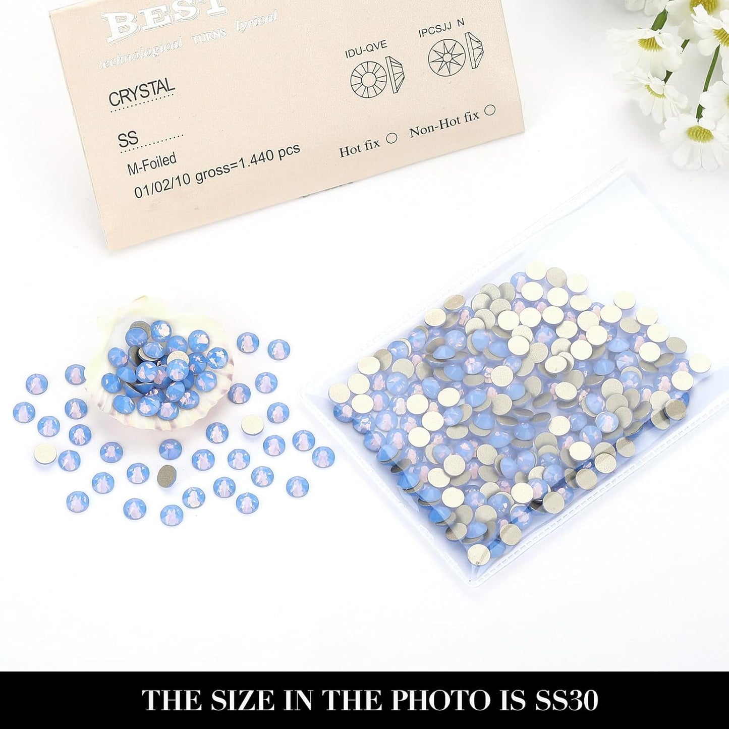 Novani Blue Opal Rhinestones 288pcs Flat Back Round Rhinestone Style 2088 Sparkly Crystal Gemstones for Nail Art and Crafting SS30,6.4-6.6mm