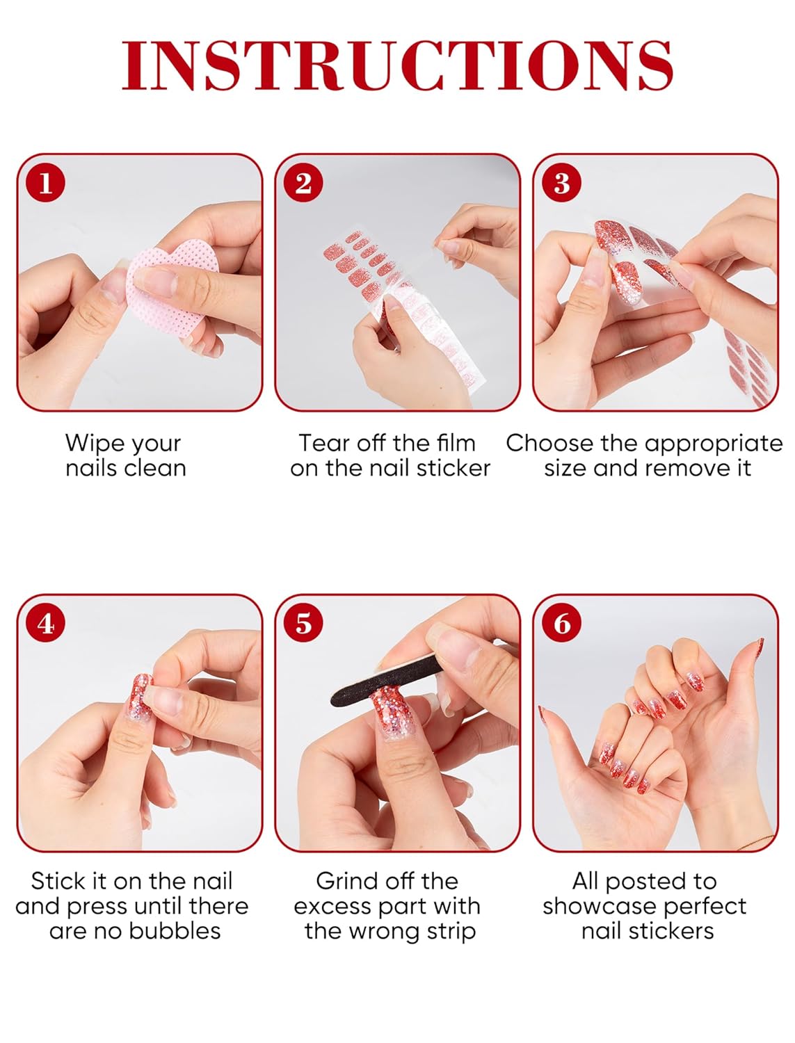 48 Pcs Semi Cured Gel Finger Nail Art Stickers Design Wraps No UV Light Needed Nail Polish Strips Kit for Women with Nail Files and 2 Nail Wiping Blocks (Red)(Red)