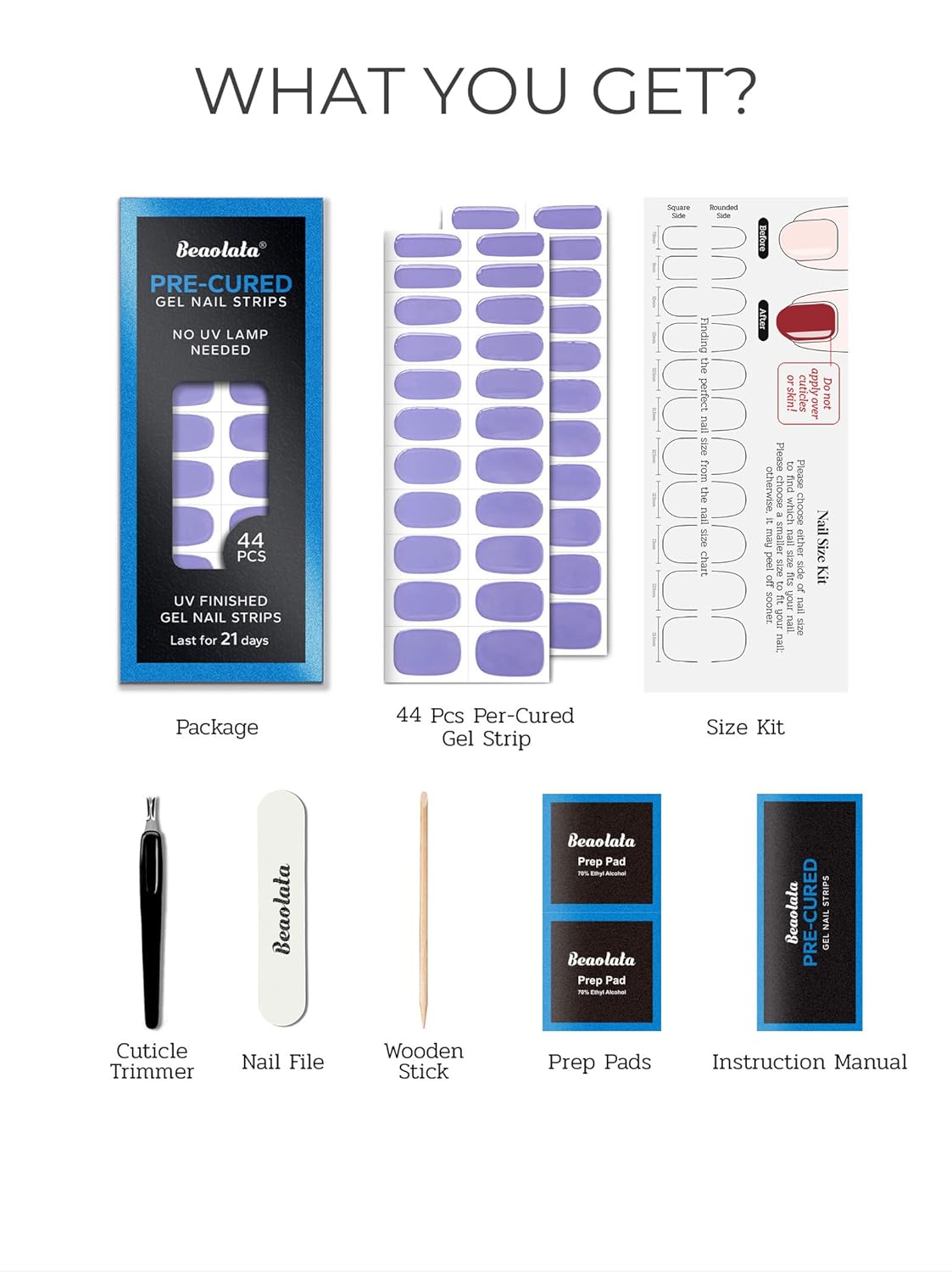 Pre Cured Gel Nail Strips - 44PCS Salon Quality Gel Nail Stickers - Long Lasting Polish Wraps for Women no UV Light Needed Easy Apply& Remove (Royal Purple)