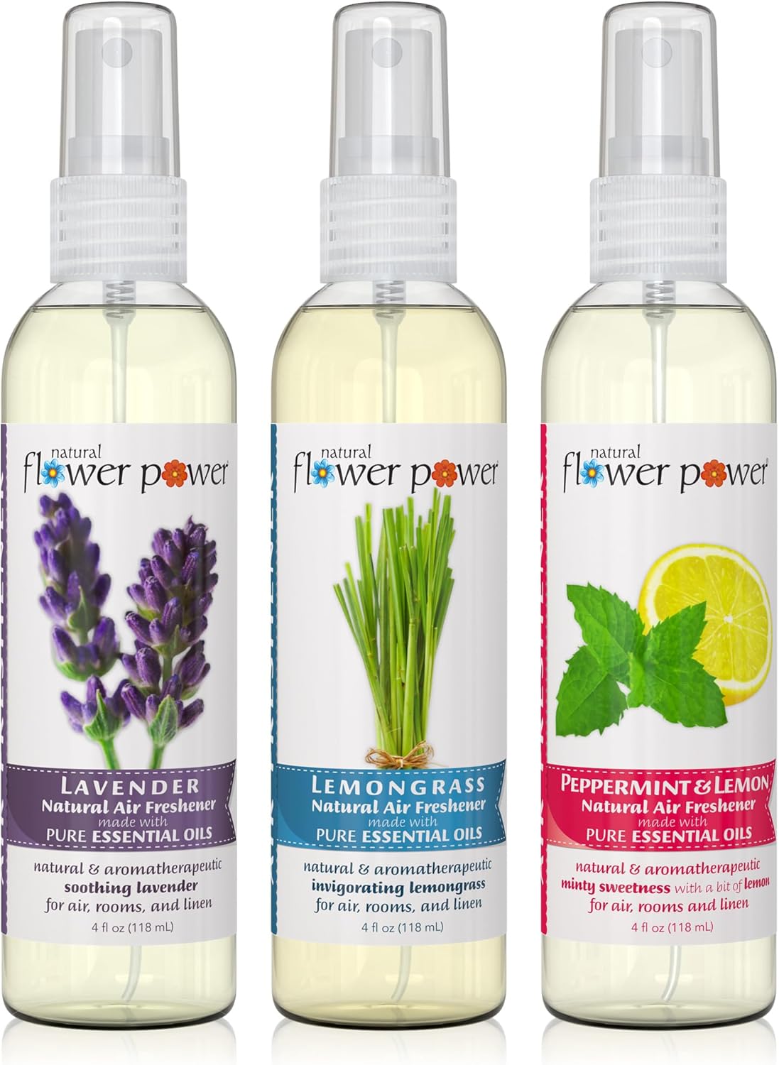 Air Freshener Spray - Odor Eliminator w/Essential Oils - Home, Car & Fabric - Cruelty Free & Vegan - Variety Pack - Lavender + Lemongrass + Peppermint & Lemon - 3 x 4 fl oz