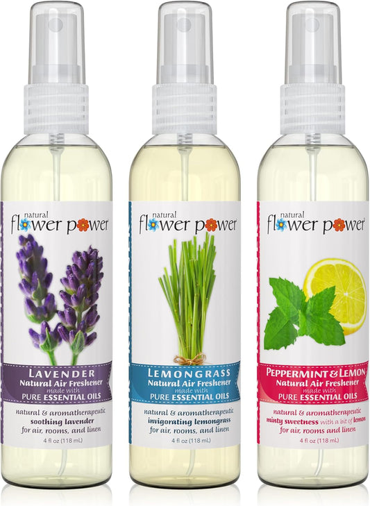 Air Freshener Spray - Odor Eliminator w/Essential Oils - Home, Car & Fabric - Cruelty Free & Vegan - Variety Pack - Lavender + Lemongrass + Peppermint & Lemon - 3 x 4 fl oz