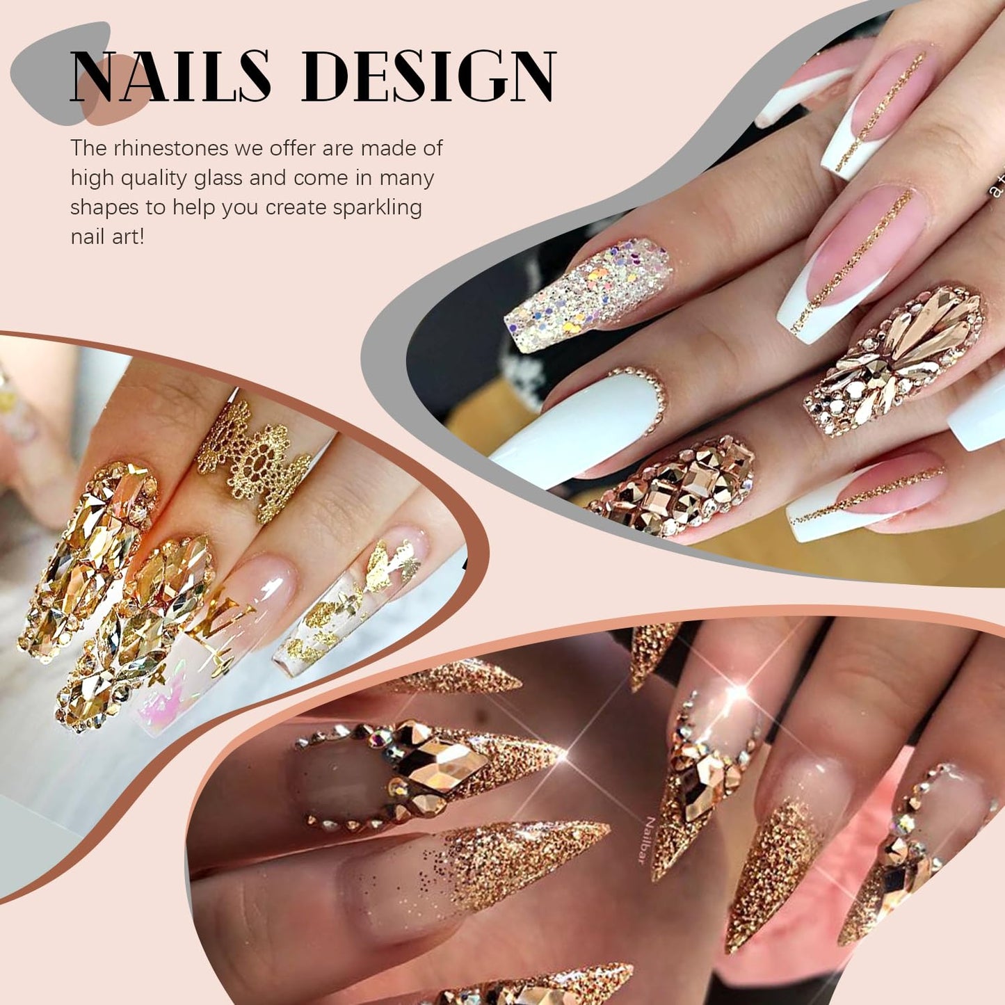 3220Pcs Mineral Gold Glass Nail Rhinestones 120Pcs Multi Shapes Flatback Gems Crystal + 3100Pcs 1.5-4mm Round Beads, Manicure Diomand Jewelry Gemstones for Nail Design Makeup Acrylic Nails Decoration