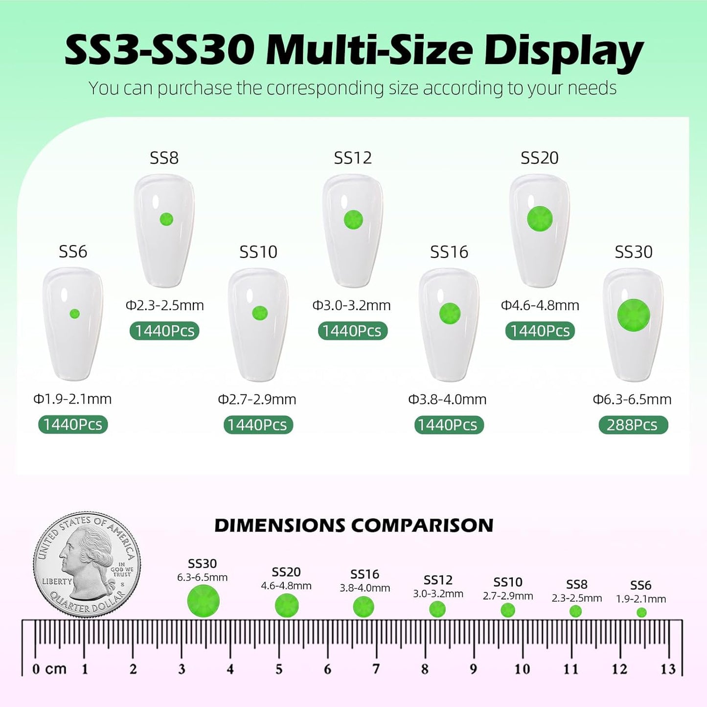 Neon Green Flatback Rhinestones, Glass Rhinestones for Nail Art and Craft, Glue Fix, Loose Crystal Gemstones(Neon Green, SS16, 1440pcs, 3.8-4.0mm)