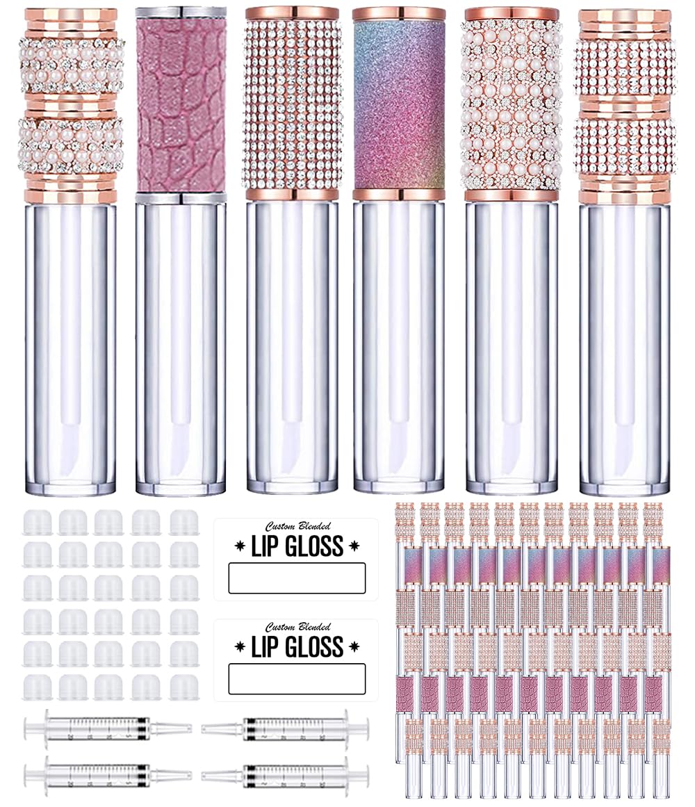 AMORIX 72pcs 5ml Diamond Lip Gloss Tubes With Wand - Empty Rhinestone Containers, Crystal Bottles, Supplies Kit - 4 Syringes + Labels for DIY Base