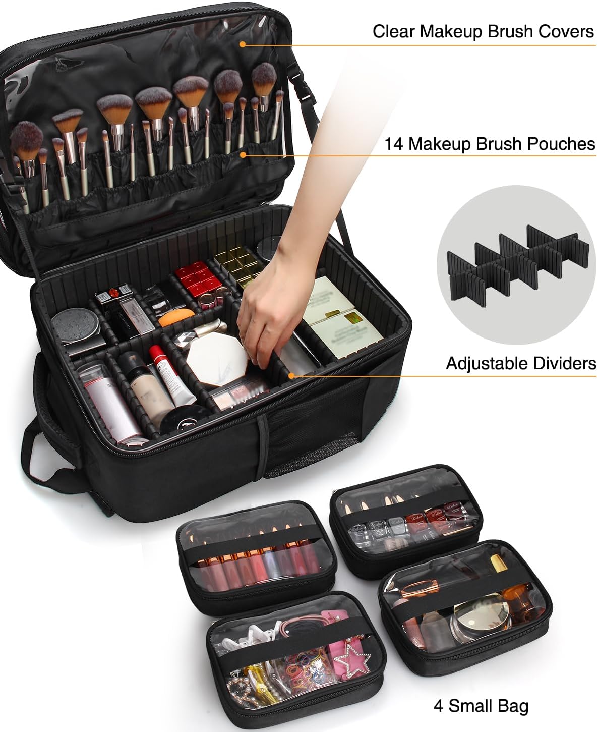 Makeup Backpack Professional Cosmetic Artist Bag Extra Large Travel Train Case Storage Organizer Double-Layer Cosmetic Case with 8 Pouch &Adjustable Divider (Black)