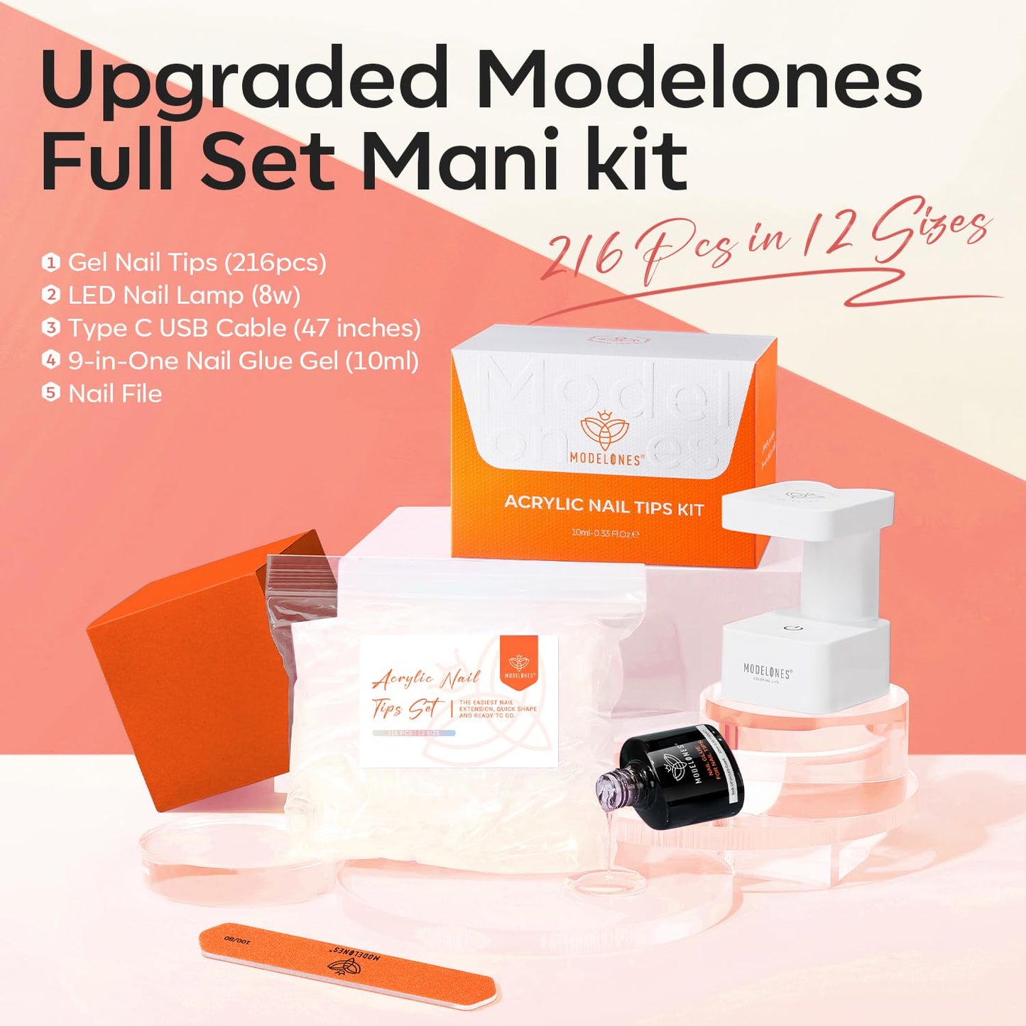 modelones Medium Oval Gel Nail Tips Kit, 9-in-One Nail Glue with Portable U V Lamp 216Pcs 12Sizes Pre-Etched Round Press ons Fake Acrylic Extension Kit DIY Salon Gift for Women