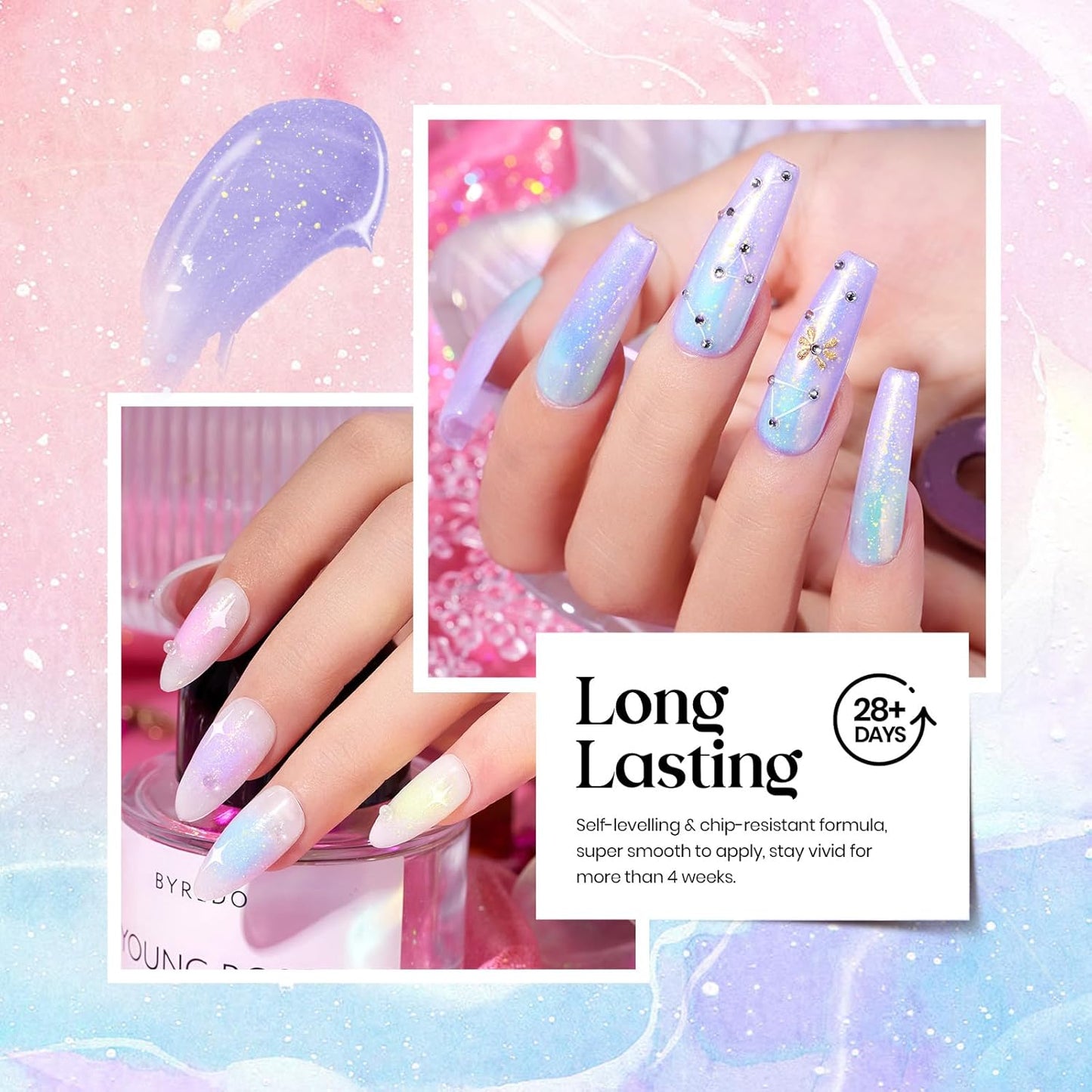 Beetles Shimmer Gel Nail Polish Set - 6 Colors Purple Glitter Blue Green Mermaid Pastel Nail Gel Drawing Soak Off Uv Led Needed with Pastel Sticker