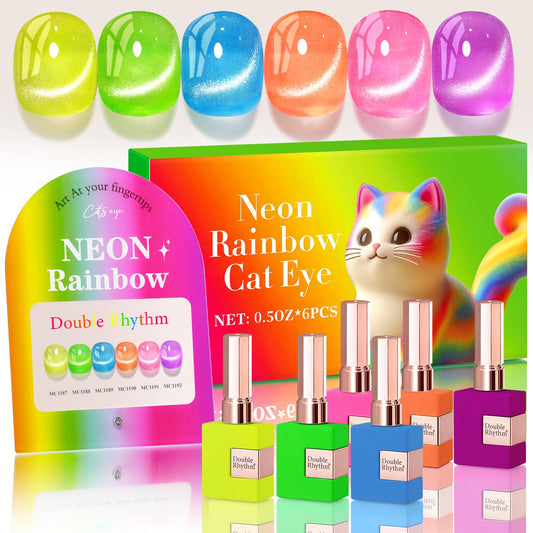 Double Rhythm Cat Eye Gel Nail Polish Set of 6 Same Color Same Bottle 0.5 Oz Shimmer Glitter with Magnet Holographic Reflective Magnetic UV Polish Kit at Home (Neon Orange Red Blue Green-T6-34)