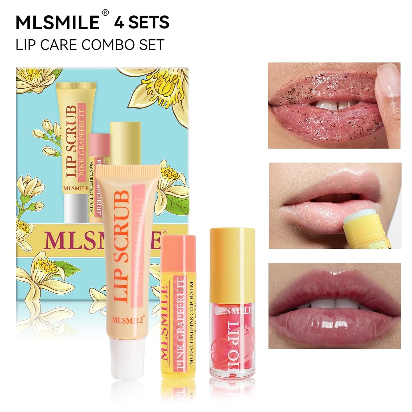 Lip Care Combo 3 pcs Set, Natural Kissers Scrub, Balm Moisturizing Oil, Vitamin E Moisturizing Treatment Overnight Treatment for Dry Chapped Lips, Nourishing Skincare Gift (03, PINK GRAPEFRUIT)