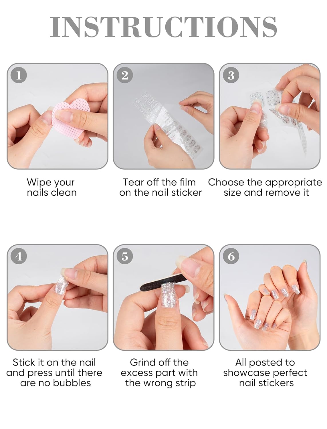 Nail Art Stickers for Women, 48 Pcs No UV Light Needed Semi Cured Gel Nail Strips Wraps Design Stick on Starter Kit (Silvery)(Silvery)