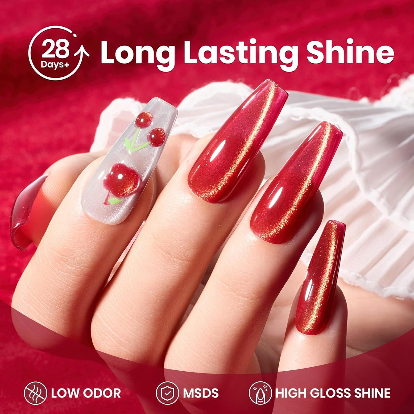 Beetles Red Cat Eye Gel Nail Polish - 15ML Cherry Red Glass Magnetic Cat Eye Glitter Gel Polish with Gold Powder Soak Off UV Twilight Toast Collection Nail Art Design Manicure Gifts for Women