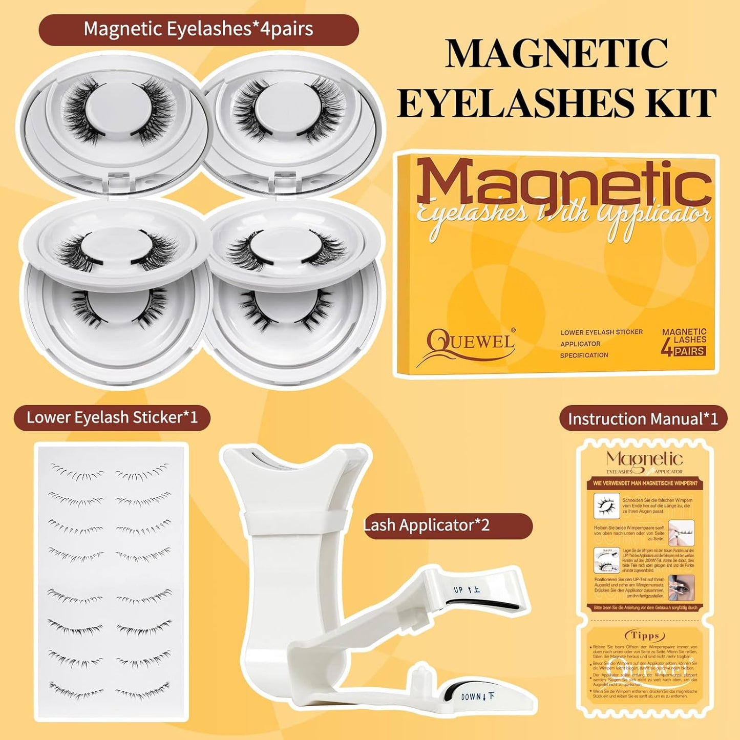 QUEWEL 4 Pairs Magnetic Eyelashes Natural Look, Reusable Magnetic Eyelashes with Applicator, No Glue Needed Lash Clusters Kit, Easy to Wear and Remove(4 Pairs-C)