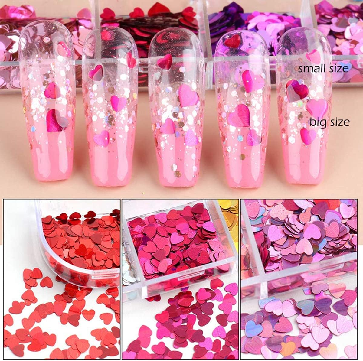 3D Heart Nail Glitter Sequins Heart Nail Art Stickers Decals Nail Art Supplies Heart Glitter nail Flakes Holographic Confetti Nail Glitters for Acrylic Nails Designs Makeup DIY Decoration
