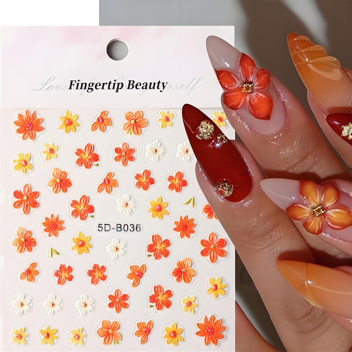 Fall Flowers Nail Art Stickers, Fall Gradient Orange Flower Nail Decals 5d Embossed Small Yellow Flower 2Pcs Nail Art Supplies for Women Nail Decoration
