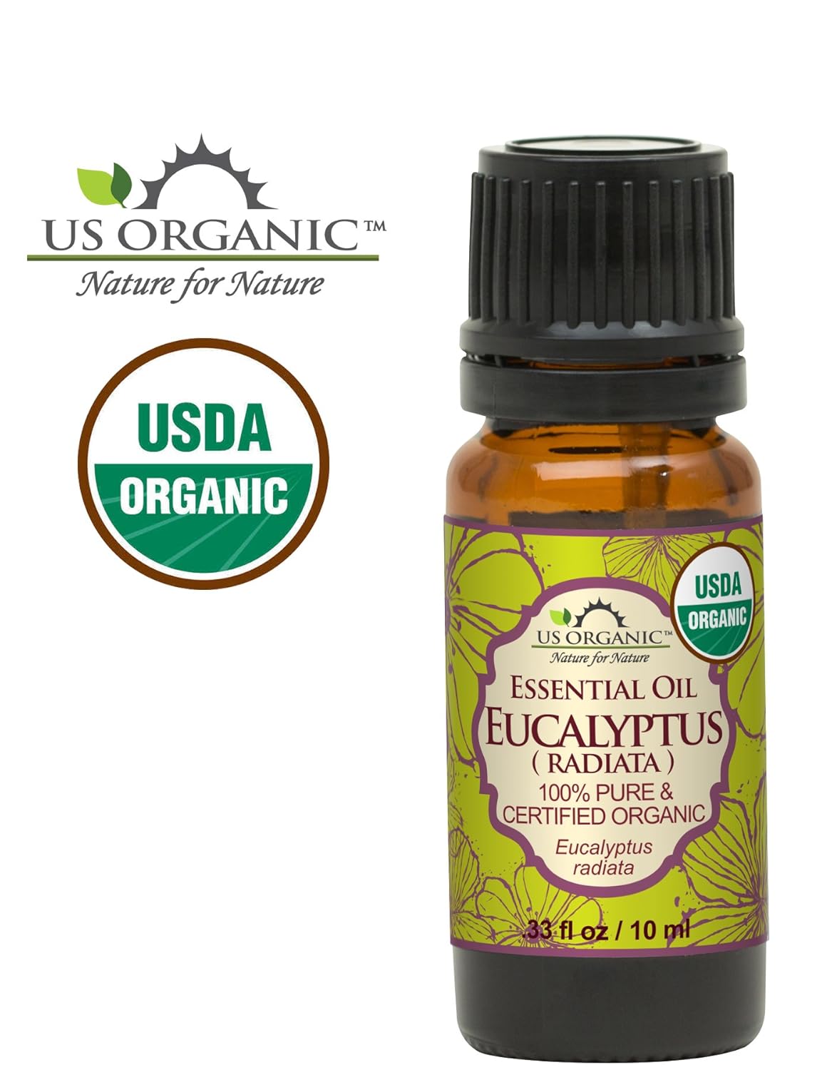 US Organic 100% Pure Eucalyptus Essential Oil (Radiata) - USDA Certified Organic, Steam Distilled - W/Euro droppers (More Size Variations Available) (10 ml / .33 fl oz)