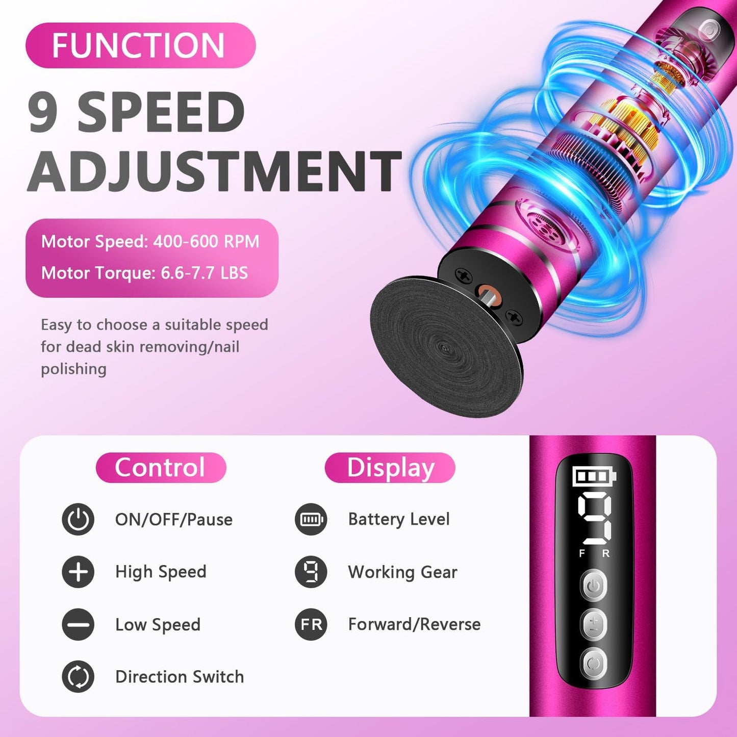 EAONE Portable Electric Foot File-Callus Remover for Feet, Professional 2 in 1 Foot/Nail Filer -Digital Display for Battery Level & 9 Speed Control-Rechargeable Pedicure Tool for Dead Skin (Silver)