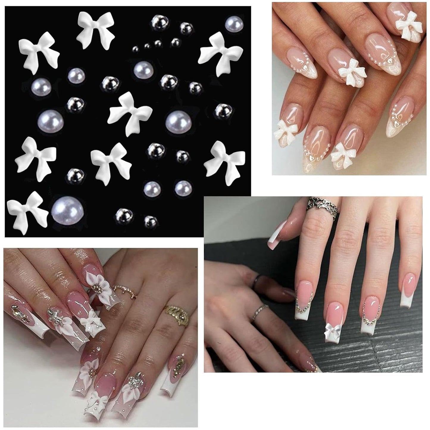 Nail Art Pearls Flatback Rhinestones Bow-Knot Nail Charms Silver Beads White Half Round Supplies Luxurious Design Jewelry DIY Crafts Accessories for Women Manicure Decorations