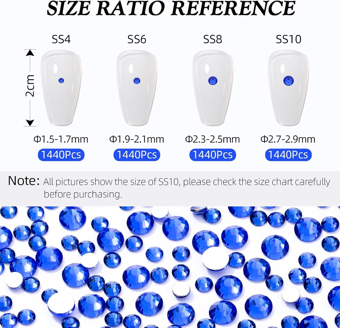 Sapphire Flatback Rhinestones, Glass Rhinestones for Nail Art and Craft, Glue Fix, Loose Crystal Gemstones(Blue, SS6, 1440pcs, 1.9-2.0mm)