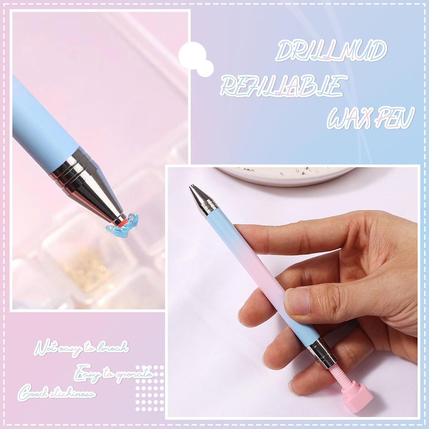 WOKOTO 1 PCS Nail Art Rhinestone Picker Pens With 1 Box Spare Silicone Clay Tool Blue Pink Gradient Rotating Push Nail Diamond Art Painting Dotting Pen Refillable Wax Pen For Nails Gems Picker Tool