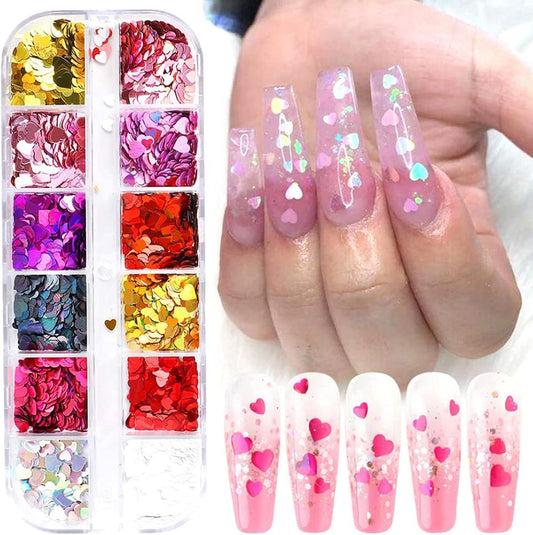 3D Heart Nail Glitter Sequins Heart Nail Art Stickers Decals Nail Art Supplies Heart Glitter nail Flakes Holographic Confetti Nail Glitters for Acrylic Nails Designs Makeup DIY Decoration