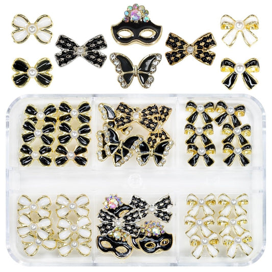 36Pcs Elegant Cute Charms for Nails Bow Butterfly Mask Luxury Kawaii Black White Rhinestones Pearls 3D Alloy Gems Cute Nail Art Charms for Acrylic Nails Face DIY Crafts Tumblers Bottles Shoes