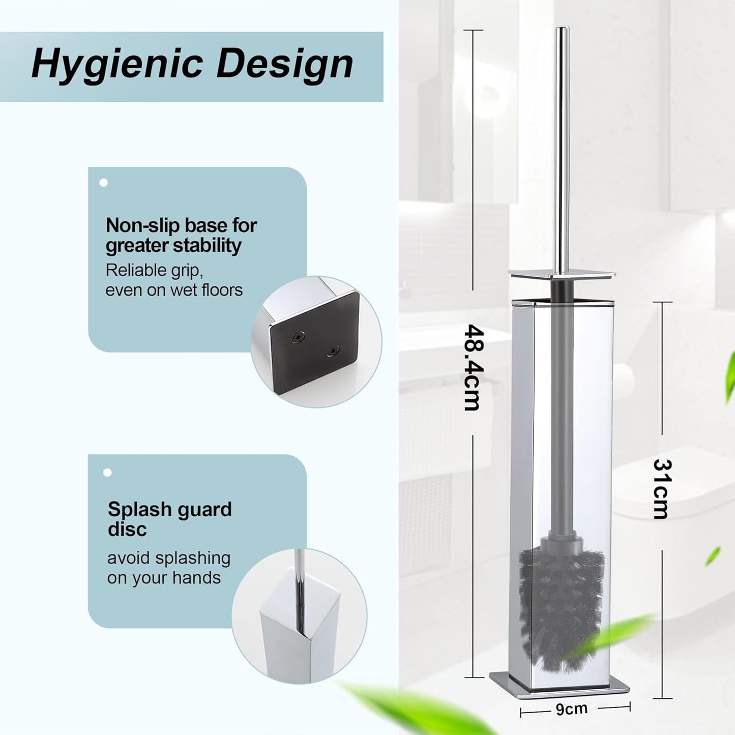 Chrome Toilet Brush and Holder,Toilet Bowl Brush with Extra Long Handle