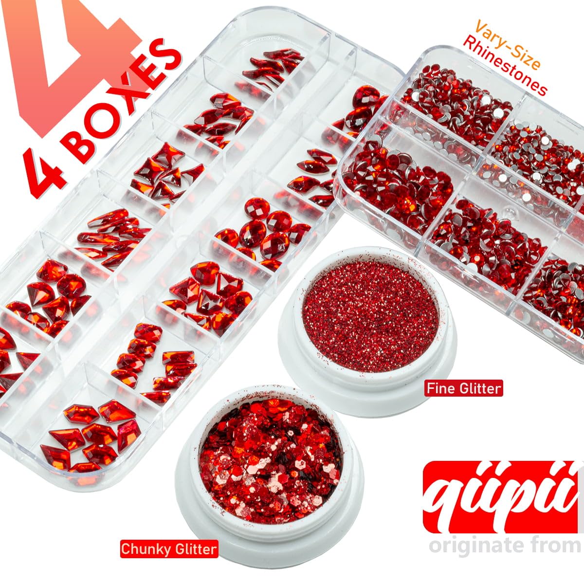 4 Boxes Siam Red Nail Rhinestones and Glitters, 24 Shapes K9 Glass Ruby Red Gems Flatback Round Stones Diamonds Crystals Nail Art Charms Supplies for Acrylic Nails Face Eyes Makeup DIY Crafts Clothes