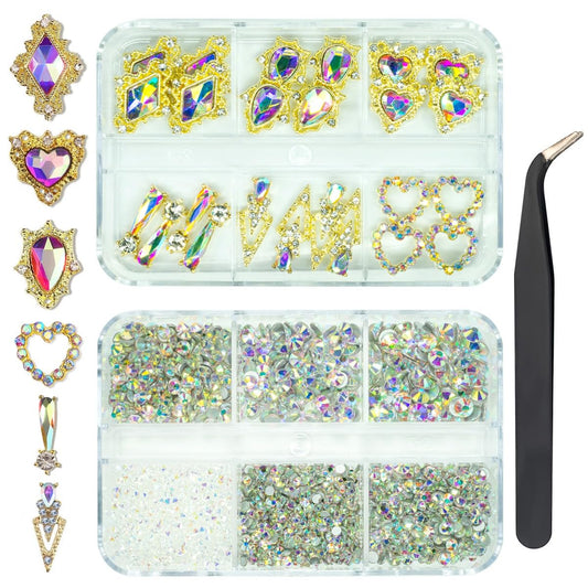 24pcs Crystal AB Luxury Nail Charms +2000pcs Crystal White AB Rhinestones 3D Big Nail Gems K9 Glass Nail Crystals Diamonds Jewels Stones Alloy Nail Art Studs Decor Supplies for Nails Crafts DIY