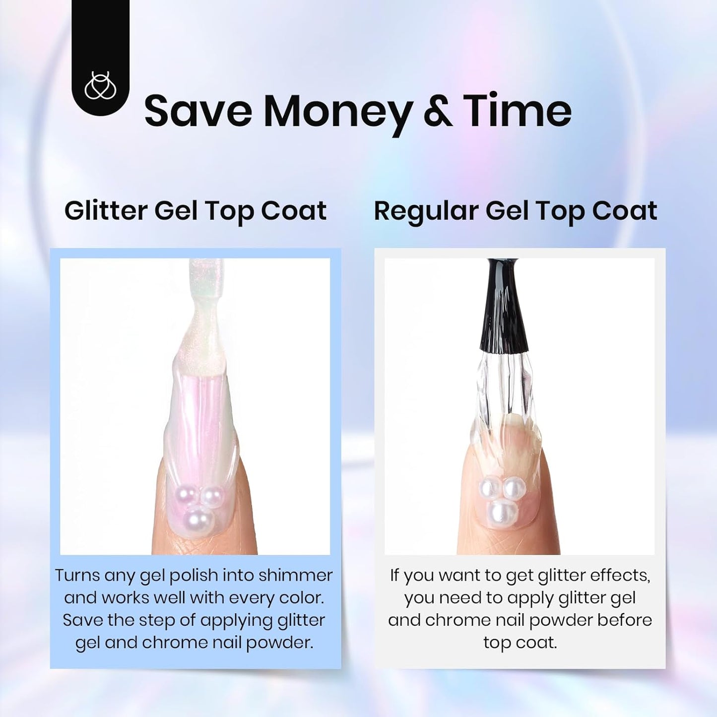 Beetles Pearl Glitter Top Coat Set, 5 Colors Iridescent Pastel Shimmer Mermaid Glossy Top Coat Gel Polish Shiny Long-Lasting No Wipe Soak Off UV LED Nail Art Gifts for Women