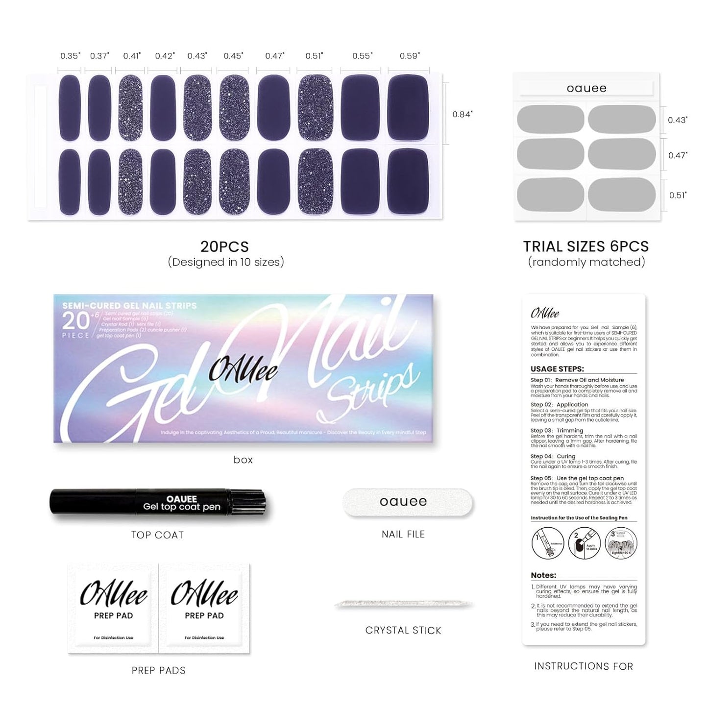 Semi Cured Gel Nail Strips | Built-In Gel Top Coat | UV Light Required | Salon Quality, Easy Application And Removal (Slate Sparkle)